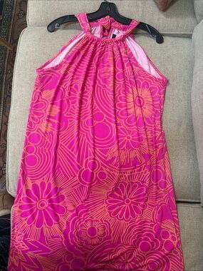 Trina Turk Halter Floral Print Shift Dress in Bright Pink & Orange